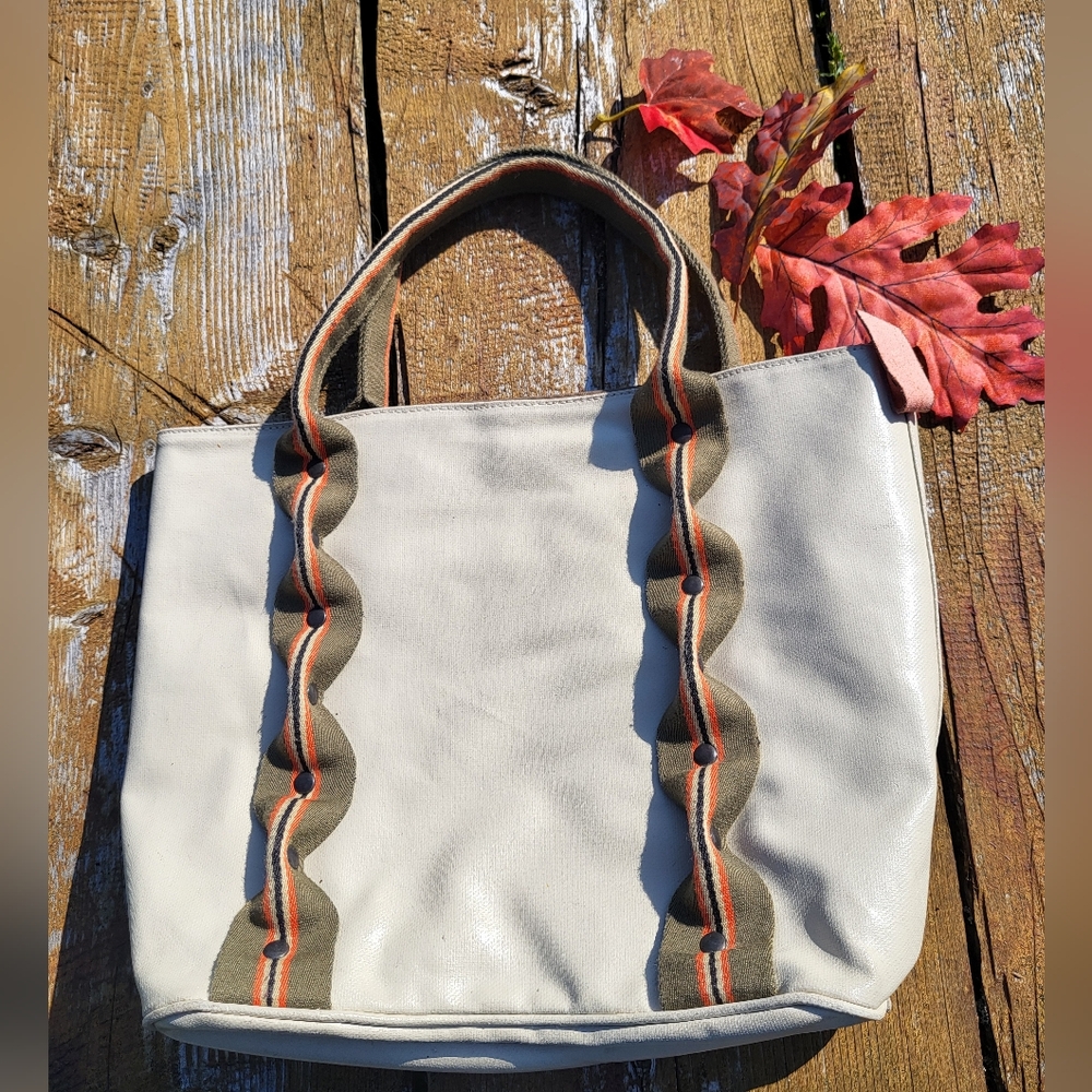 "Ribboned Mini Tote" Stylish Beige Leather and Burnt Orange + Olive Accents Bag